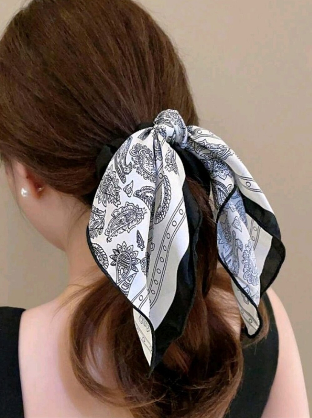 NEW! Black & White Paisley Hair  Scarf- Scrunchie Ponytail Tie